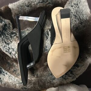 Good American Wmn Sz 4 Black Cinder F*cking-Rella lucite triangle Wedge Sandals